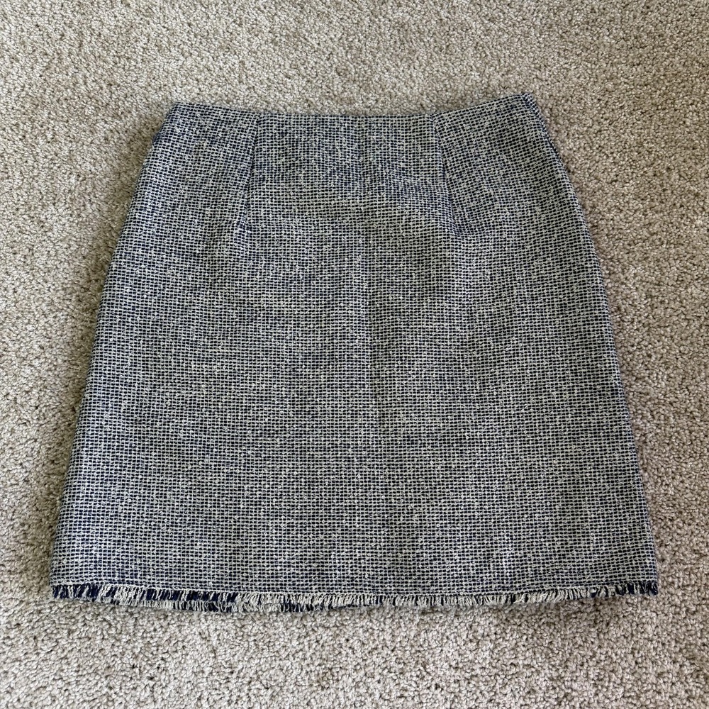Banana Republic Skirt Womens 0 Blue Check Tweed Pencil Knee Length Fringe Lined
